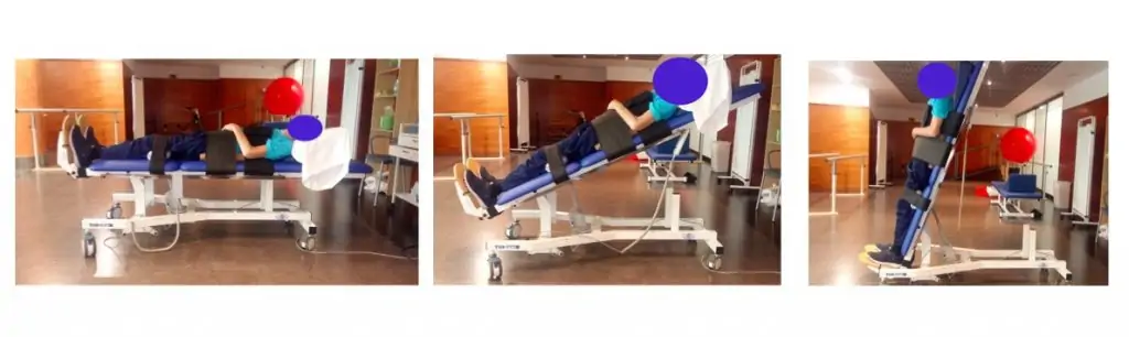 Ejemplo de un paciente del Instituto de Rehabilitación Neurológica realizando la bipedestación en plano inclinado