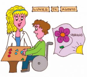 Dibujo que representa a un profesional del Instituto de Rehabilitación Neurológica en terapia cognitiva con un paciente de daño cerebral