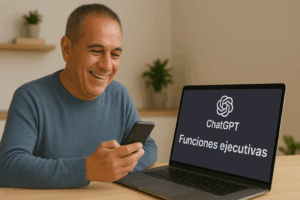 Imagen que muestra a un adulto utilizando el móvil y el ordenador para utilizar chatgpt para entrenar sus funciones ejecutivas